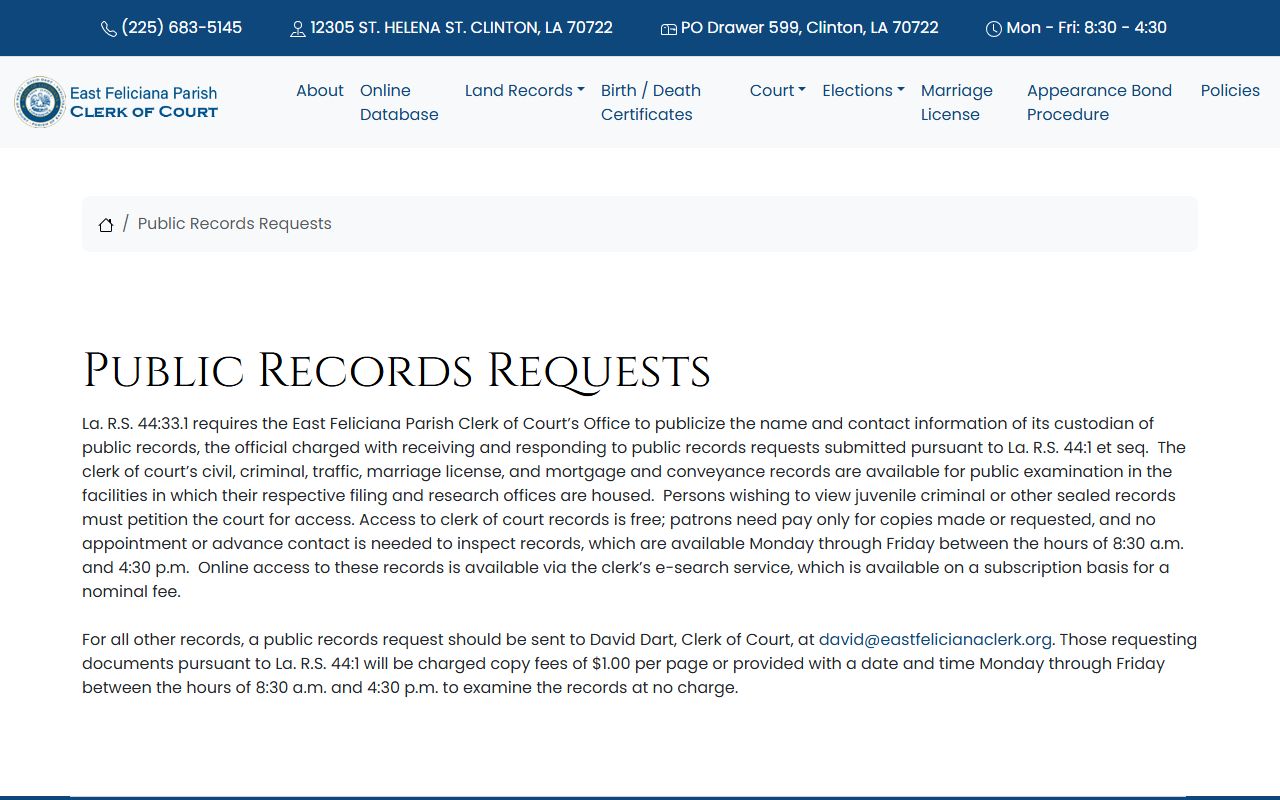 East Feliciana Parish court records public request rules