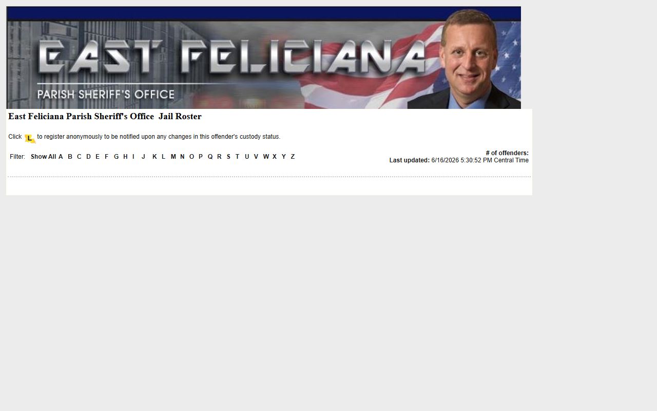 East Feliciana Parish inmate population LAVNS roster fields